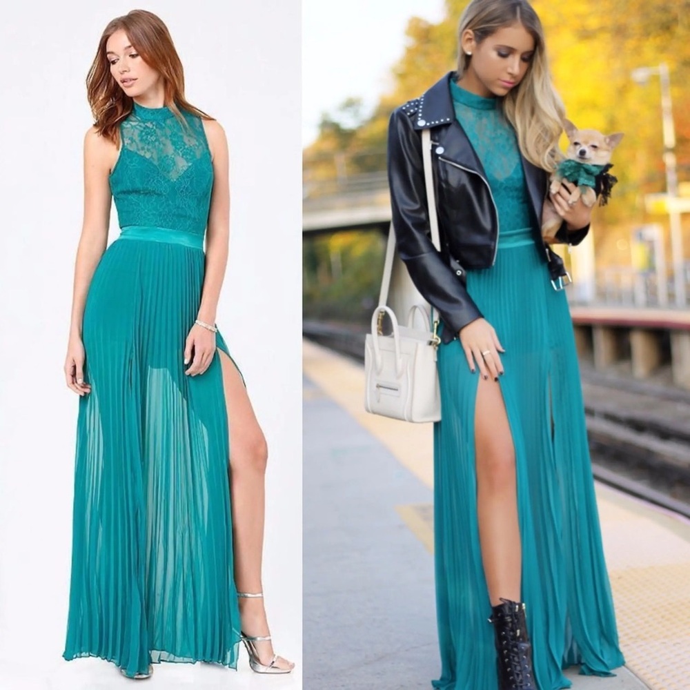 Bebe Teal Lace Chiffon Pleated Maxi Dress High Slit Romper Mock Neck